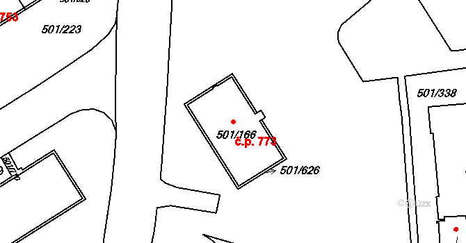 Ráj 773, Karviná na parcele st. 501/166 v KÚ Ráj, Katastrální mapa