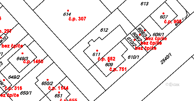 Doubravka 552, Plzeň na parcele st. 611 v KÚ Doubravka, Katastrální mapa