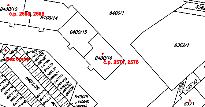 Jižní Předměstí 2570,2571, Plzeň na parcele st. 8400/16 v KÚ Plzeň, Katastrální mapa