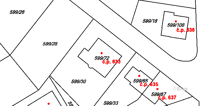 Srubec 633 na parcele st. 599/72 v KÚ Srubec, Katastrální mapa