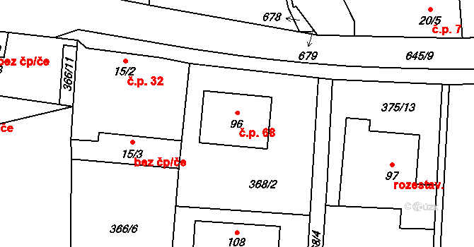 Branišov 68 na parcele st. 96 v KÚ Branišov u Dubného, Katastrální mapa