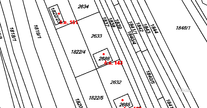 Koryčany 143 na parcele st. 2686 v KÚ Koryčany, Katastrální mapa