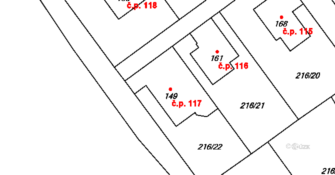 Olešnice 117 na parcele st. 149 v KÚ Olešnice nad Cidlinou, Katastrální mapa