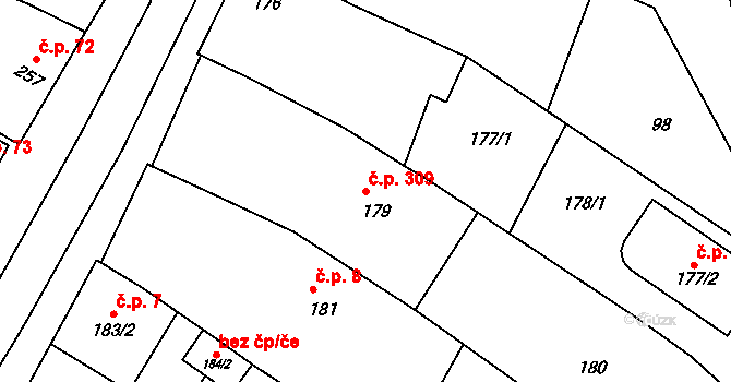 Kobeřice u Brna 309 na parcele st. 179 v KÚ Kobeřice u Brna, Katastrální mapa