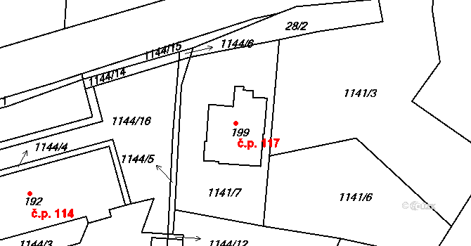 Velký Bor 117 na parcele st. 199 v KÚ Velký Bor u Horažďovic, Katastrální mapa