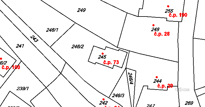 Bystřice nad Pernštejnem 73 na parcele st. 245 v KÚ Bystřice nad Pernštejnem, Katastrální mapa