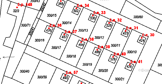 Hrádek 38 na parcele st. 494 v KÚ Hrádek u Rokycan, Katastrální mapa