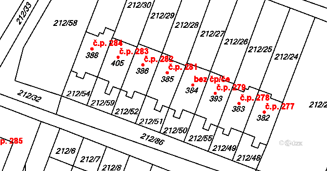 Všeruby 281 na parcele st. 385 v KÚ Všeruby u Plzně, Katastrální mapa