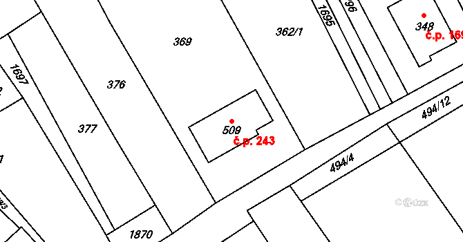 Hrabyně 243 na parcele st. 509 v KÚ Hrabyně, Katastrální mapa