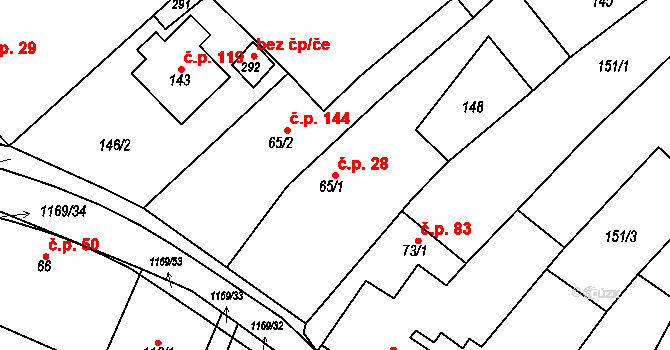 Podhradní Lhota 28 na parcele st. 65/1 v KÚ Podhradní Lhota, Katastrální mapa