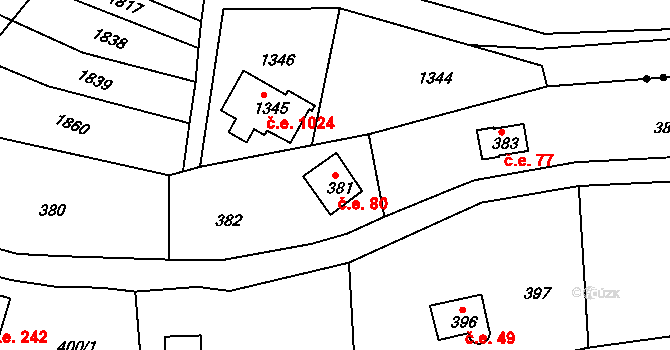 Plumlov 80 na parcele st. 381 v KÚ Plumlov, Katastrální mapa