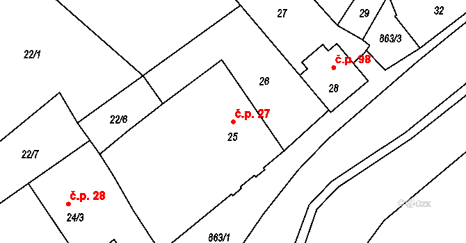 Černé Budy 27, Sázava na parcele st. 25 v KÚ Černé Budy, Katastrální mapa