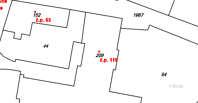 Hazlov 119 na parcele st. 209 v KÚ Hazlov, Katastrální mapa
