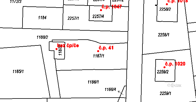 Lyžbice 41, Třinec na parcele st. 1187/1 v KÚ Lyžbice, Katastrální mapa