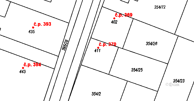 Rožďalovice 370 na parcele st. 411 v KÚ Rožďalovice, Katastrální mapa
