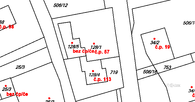 Sukorady 57 na parcele st. 128/1 v KÚ Sukorady u Mladé Boleslavi, Katastrální mapa