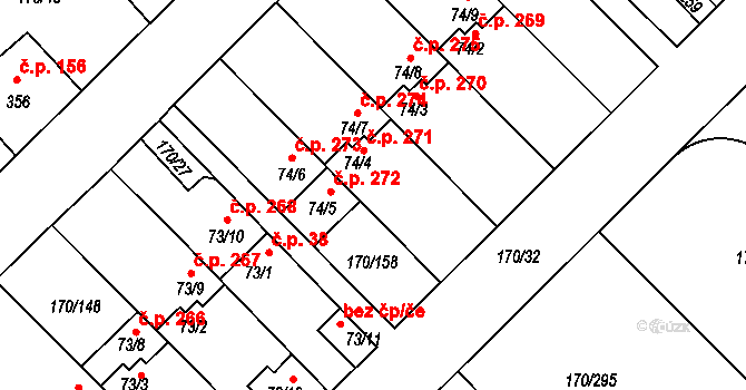 Brandýsek 271 na parcele st. 74/4 v KÚ Brandýsek, Katastrální mapa