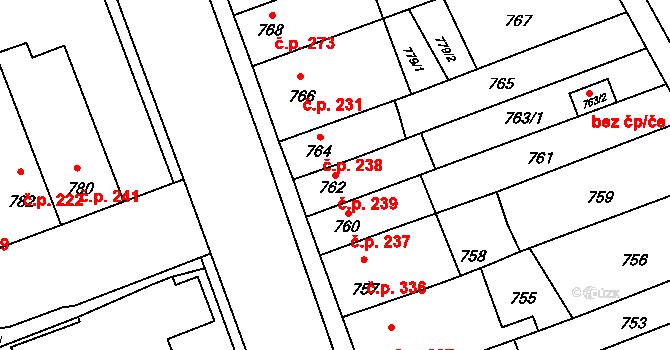 Telnice 239 na parcele st. 762 v KÚ Telnice u Brna, Katastrální mapa