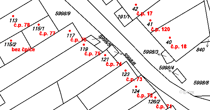 Javorník 74 na parcele st. 121 v KÚ Javorník nad Veličkou, Katastrální mapa