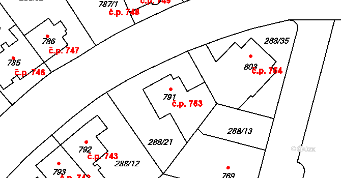 Kyjov 753 na parcele st. 791 v KÚ Kyjov, Katastrální mapa