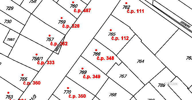 Vyškov-Předměstí 348, Vyškov na parcele st. 766 v KÚ Vyškov, Katastrální mapa