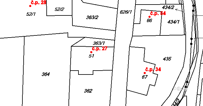Rudíkovy 27, Třemešná na parcele st. 51 v KÚ Rudíkovy, Katastrální mapa