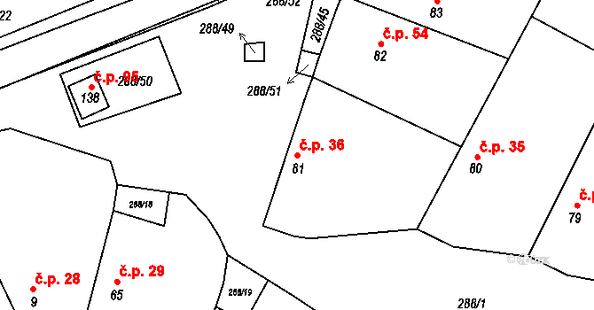 Doubravčice 36 na parcele st. 81 v KÚ Doubravčice, Katastrální mapa