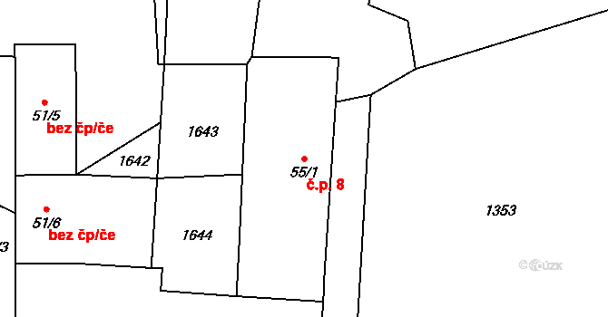Červená Lhota 8, Pluhův Žďár na parcele st. 55/1 v KÚ Jižná, Katastrální mapa