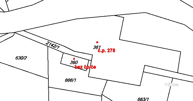 Bílý Potok 278 na parcele st. 361 v KÚ Bílý Potok pod Smrkem, Katastrální mapa