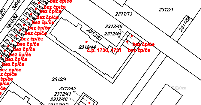 Roudnice nad Labem 1730,1731 na parcele st. 2312/44 v KÚ Roudnice nad Labem, Katastrální mapa
