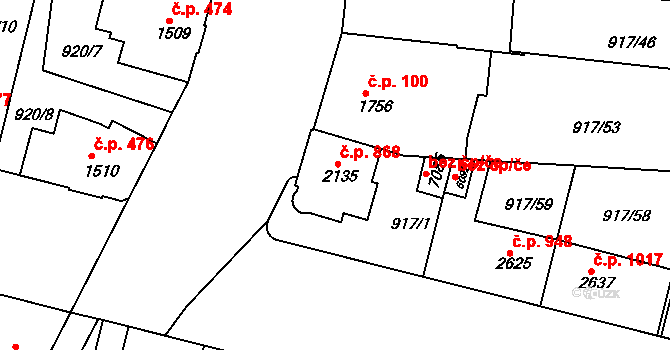 Horka-Domky 868, Třebíč na parcele st. 2135 v KÚ Třebíč, Katastrální mapa