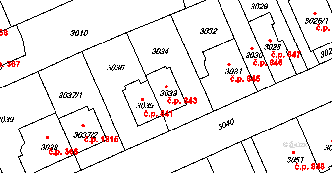Černá Pole 843, Brno na parcele st. 3033 v KÚ Černá Pole, Katastrální mapa