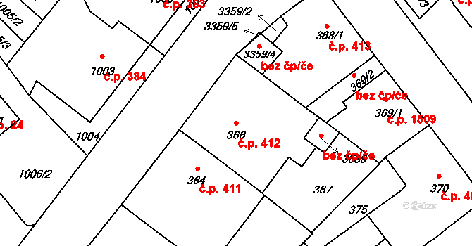 Pelhřimov 412 na parcele st. 366 v KÚ Pelhřimov, Katastrální mapa