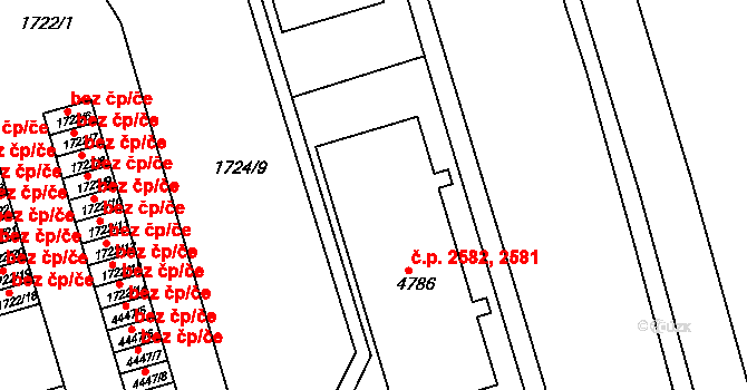 Teplice 2581,2582 na parcele st. 4786 v KÚ Teplice, Katastrální mapa