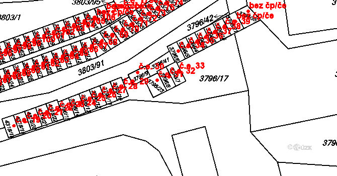 Teplice 32 na parcele st. 3796/8 v KÚ Teplice, Katastrální mapa