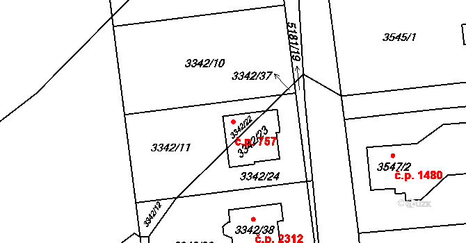Místek 757, Frýdek-Místek na parcele st. 3342/23 v KÚ Místek, Katastrální mapa