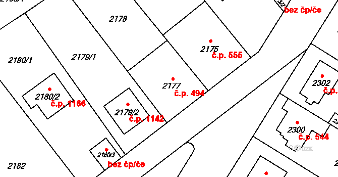 Radotín 494, Praha na parcele st. 2177 v KÚ Radotín, Katastrální mapa