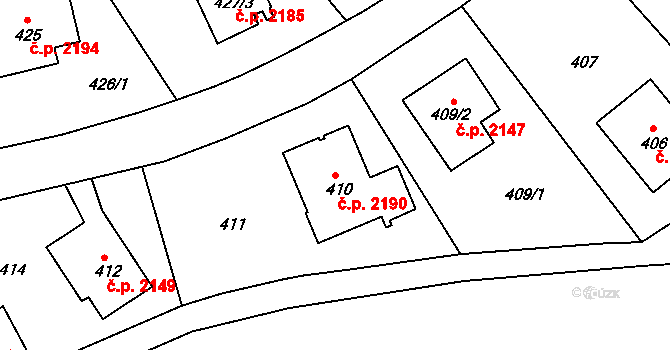 Komořany 2190, Praha na parcele st. 410 v KÚ Komořany, Katastrální mapa