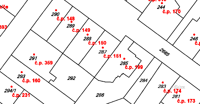 Kyje 151, Praha na parcele st. 287 v KÚ Kyje, Katastrální mapa
