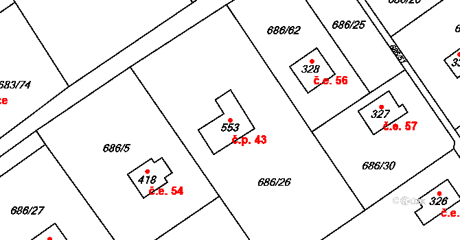 Halouny 43, Svinaře na parcele st. 553 v KÚ Svinaře, Katastrální mapa