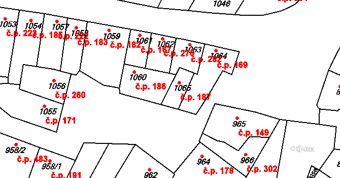 Blučina 187 na parcele st. 1065 v KÚ Blučina, Katastrální mapa