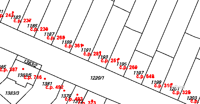 Střelice 251 na parcele st. 1193 v KÚ Střelice u Brna, Katastrální mapa