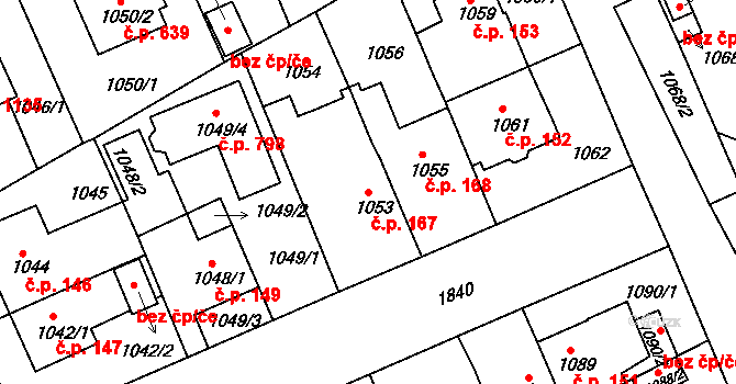 Černice 167, Plzeň na parcele st. 1053 v KÚ Bručná, Katastrální mapa