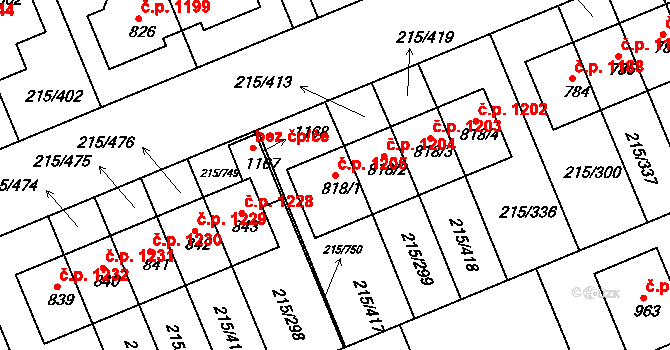 Rudná 1205 na parcele st. 818/1 v KÚ Hořelice, Katastrální mapa