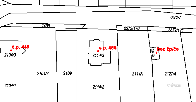 Mostecké Předměstí 455, Bílina na parcele st. 2114/3 v KÚ Bílina, Katastrální mapa