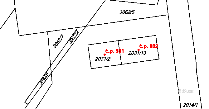Bystřice nad Pernštejnem 981 na parcele st. 2031/2 v KÚ Bystřice nad Pernštejnem, Katastrální mapa