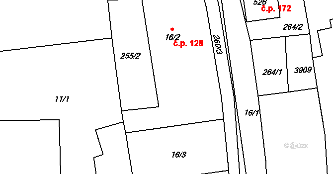 Brumovice 128 na parcele st. 16/2 v KÚ Brumovice u Opavy, Katastrální mapa