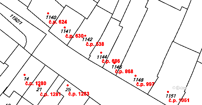 Hluk 686 na parcele st. 1144 v KÚ Hluk, Katastrální mapa