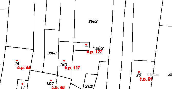 Ořechov 127 na parcele st. 20/2 v KÚ Ořechov u Uherského Hradiště, Katastrální mapa