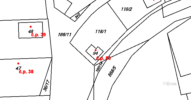 Černá u Bohdanče 63 na parcele st. 94 v KÚ Černá u Bohdanče, Katastrální mapa